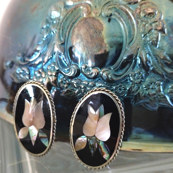 Alpaca Mexico Abalone Mother of Pearl Inlay Clip Earrings - Picture 1 of 7